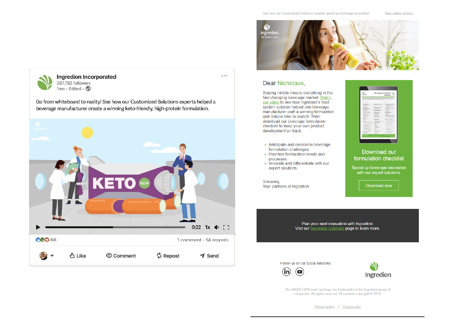 Ingredion beverage checklist LinkedIn ad and email