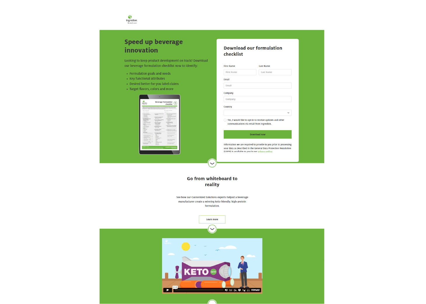 Ingredion beverage checklist landing page